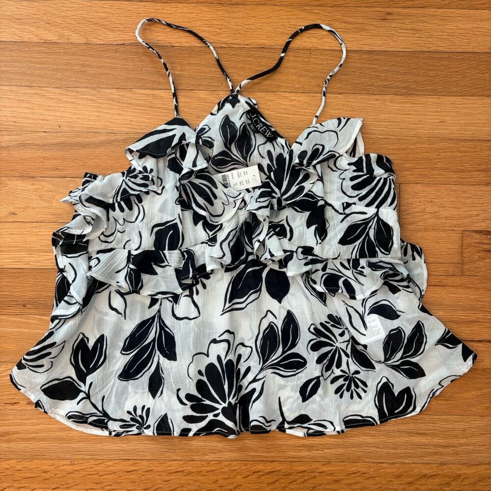 J Crew Black White Tropical Floral Ruffle Resort Cami Tank Top Sheer XS NWT